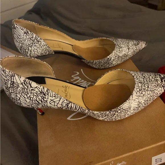 Christian Louboutin White and Black Script Pointed-Toe Pumps - Picture 3 of 10